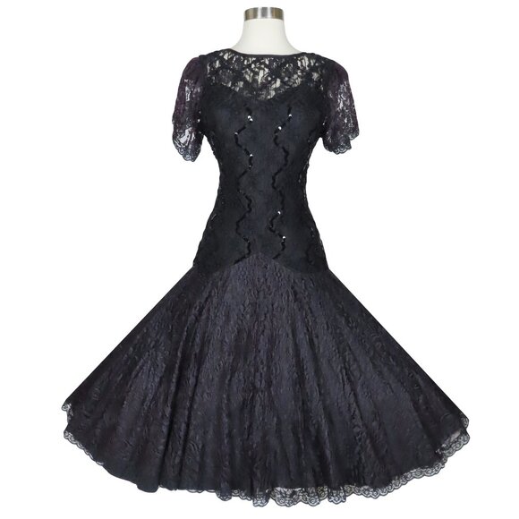 Vintage 80s 20s Black Lace Prom Party Dress M Medium Goth Witchy Whimsygoth - Picture 7 of 12
